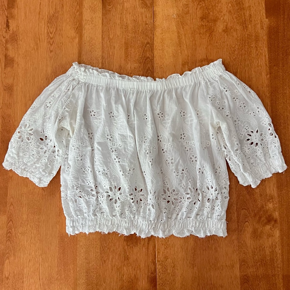 Caren Forbes Eyelet Off the Shoulder Crop Top